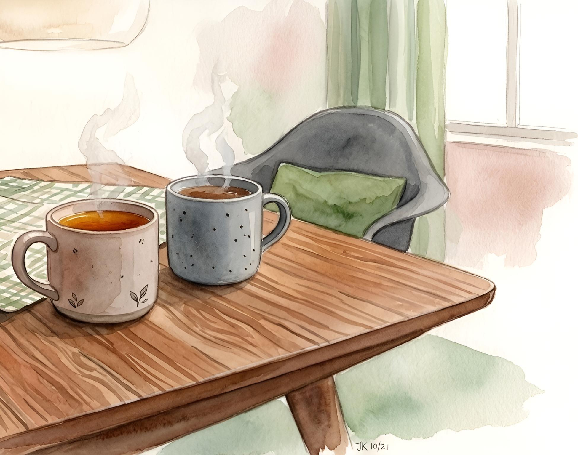 Watercolour painting of two steaming mugs on a wooden table, representing connection and conversation