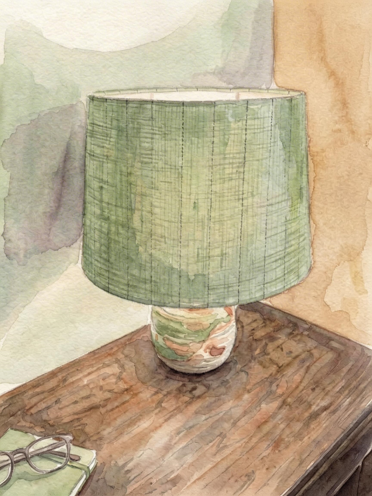 Watercolour painting of a table lamp casting a warm, gentle glow
