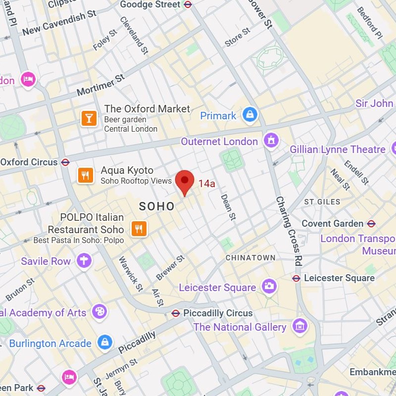 Map showing The Practice Rooms at 14a Broadwick Street, Soho, London