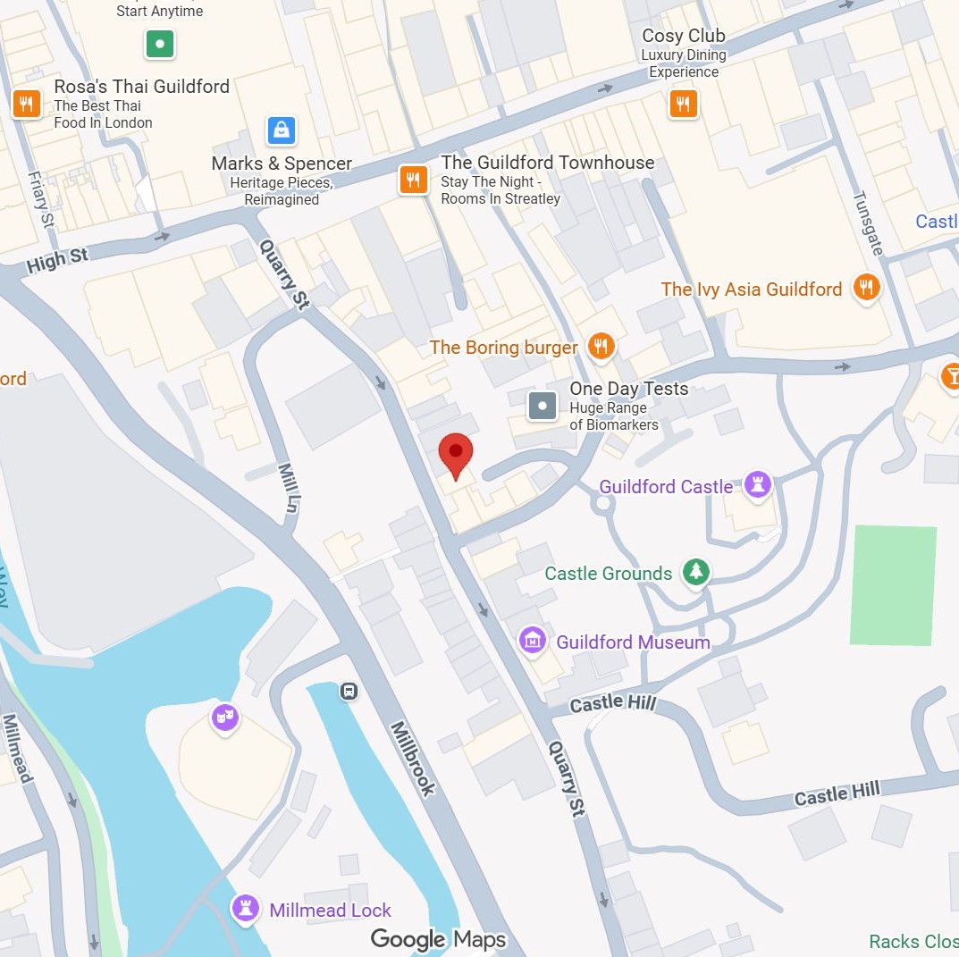 Map showing Wellshare Rooms at 54 Quarry Street, Guildford, Surrey