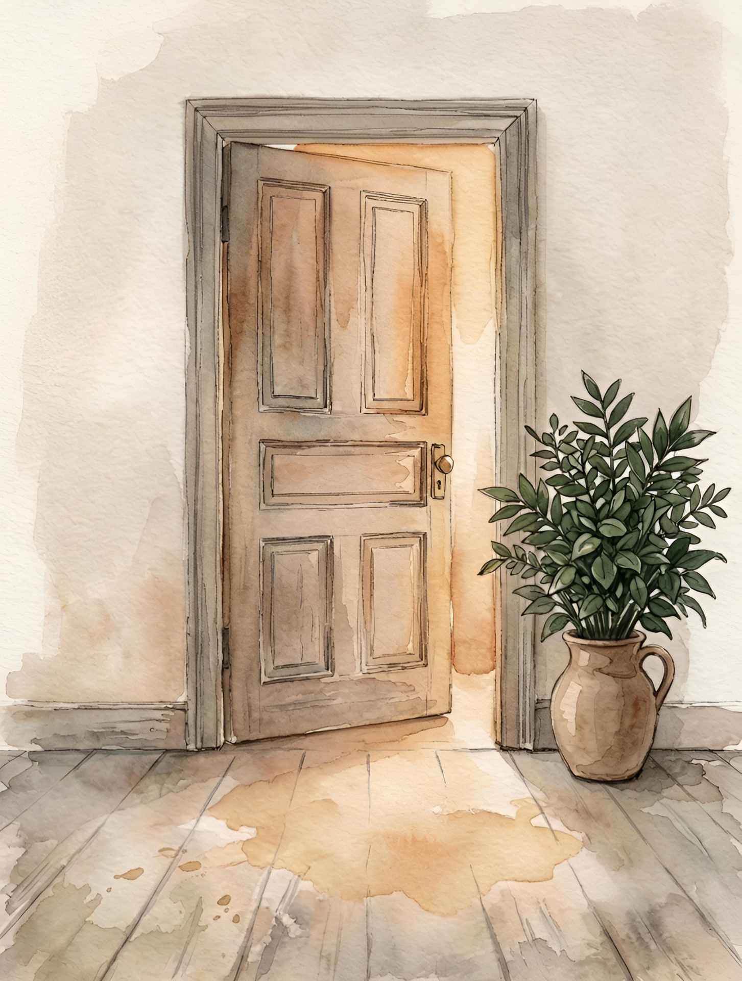 Watercolour painting of an open door with warm light streaming through, symbolising a welcoming first step