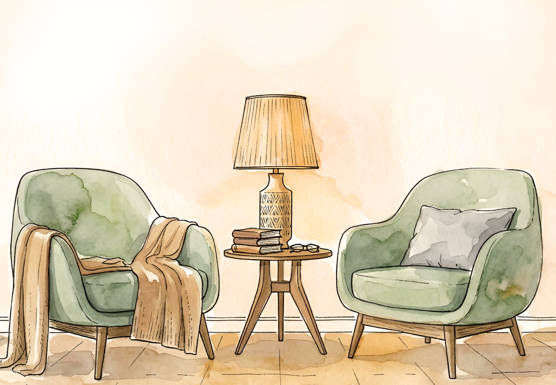 Watercolour illustration of two green armchairs facing each other with a side table and lamp, representing the therapy space