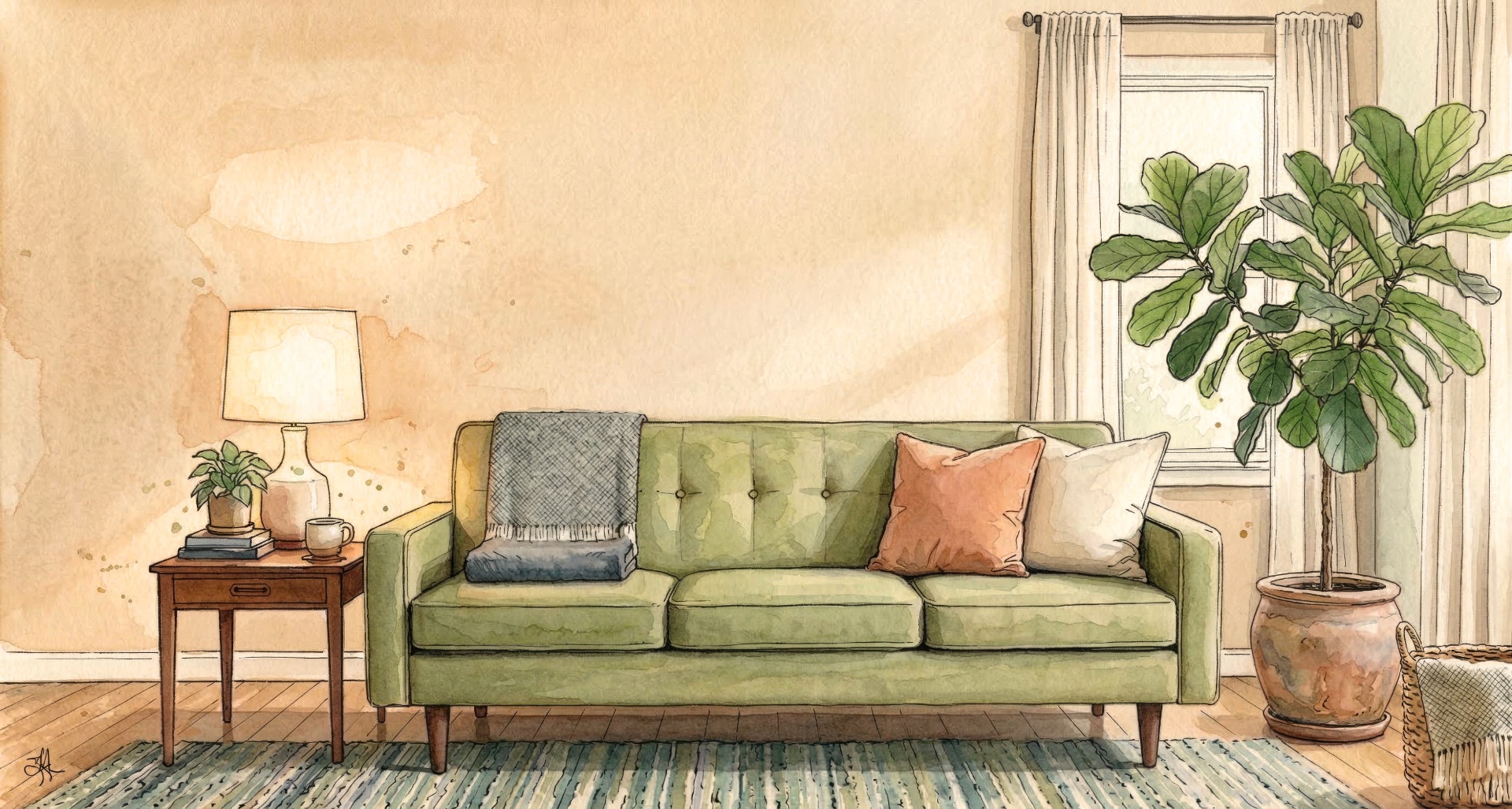 A warm, welcoming therapy room with a comfortable sofa, soft lighting and neutral tones